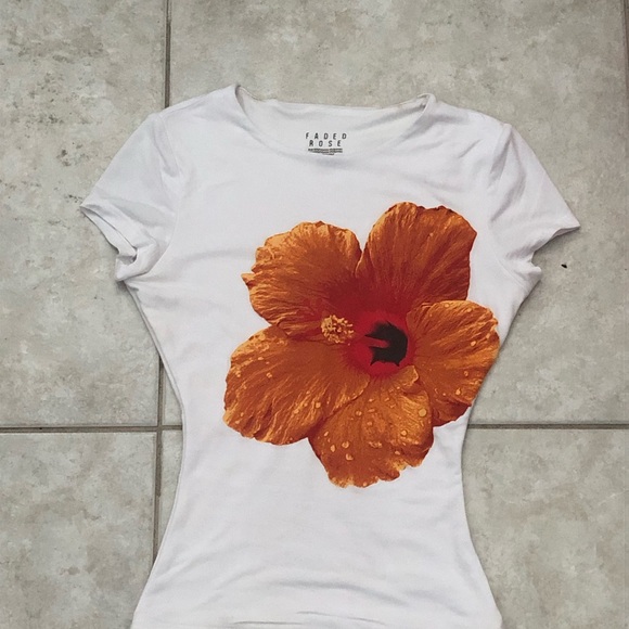 Faded Rose Tops - Faded Rose Women's White Tee with Orange Floral Design